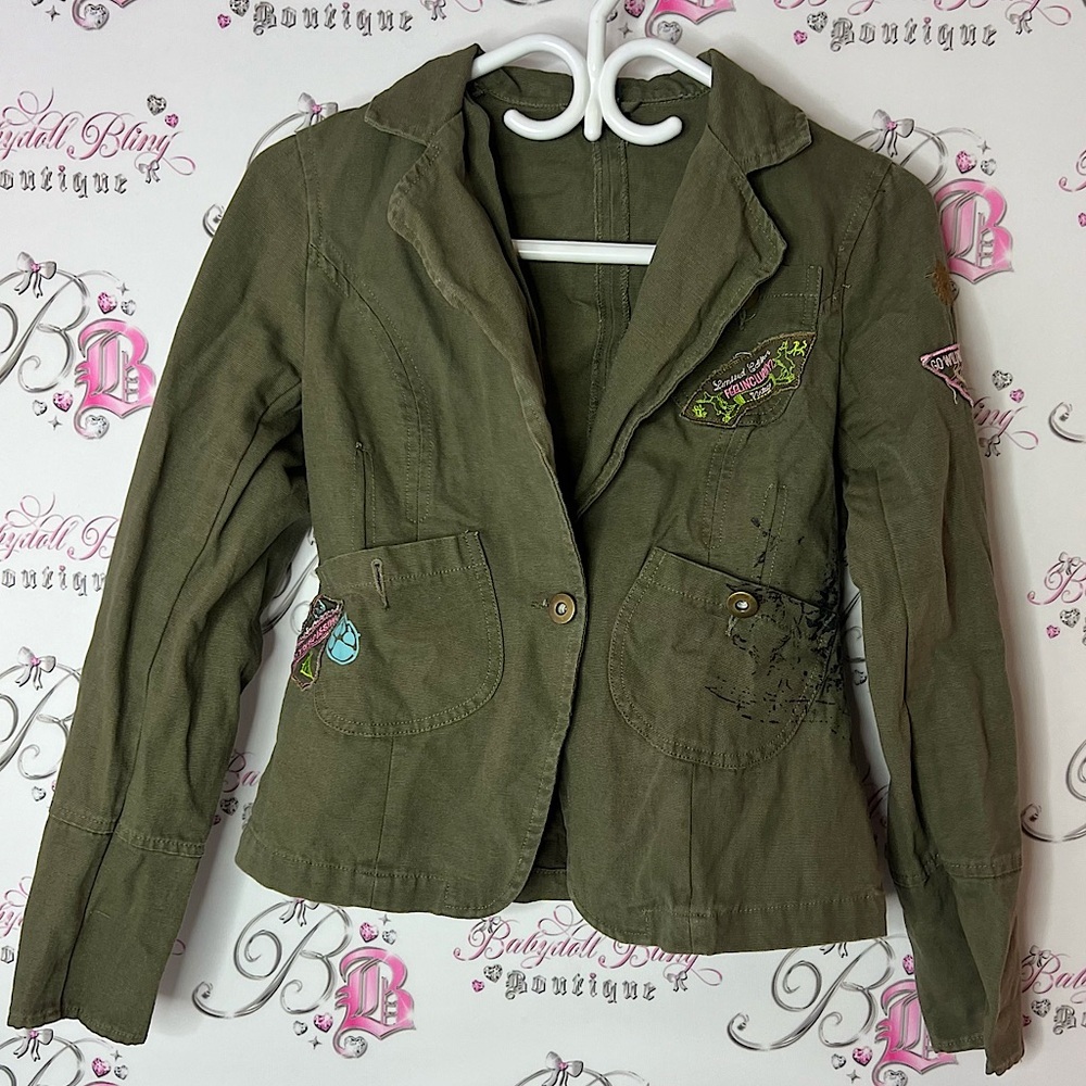 Seductions jacket coat denim jean Olive Green patch country unique Jacket